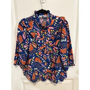 Michelle McDowell Butterfly Ruffle Blouse Blue Pink Orange Long Sleeve Size S